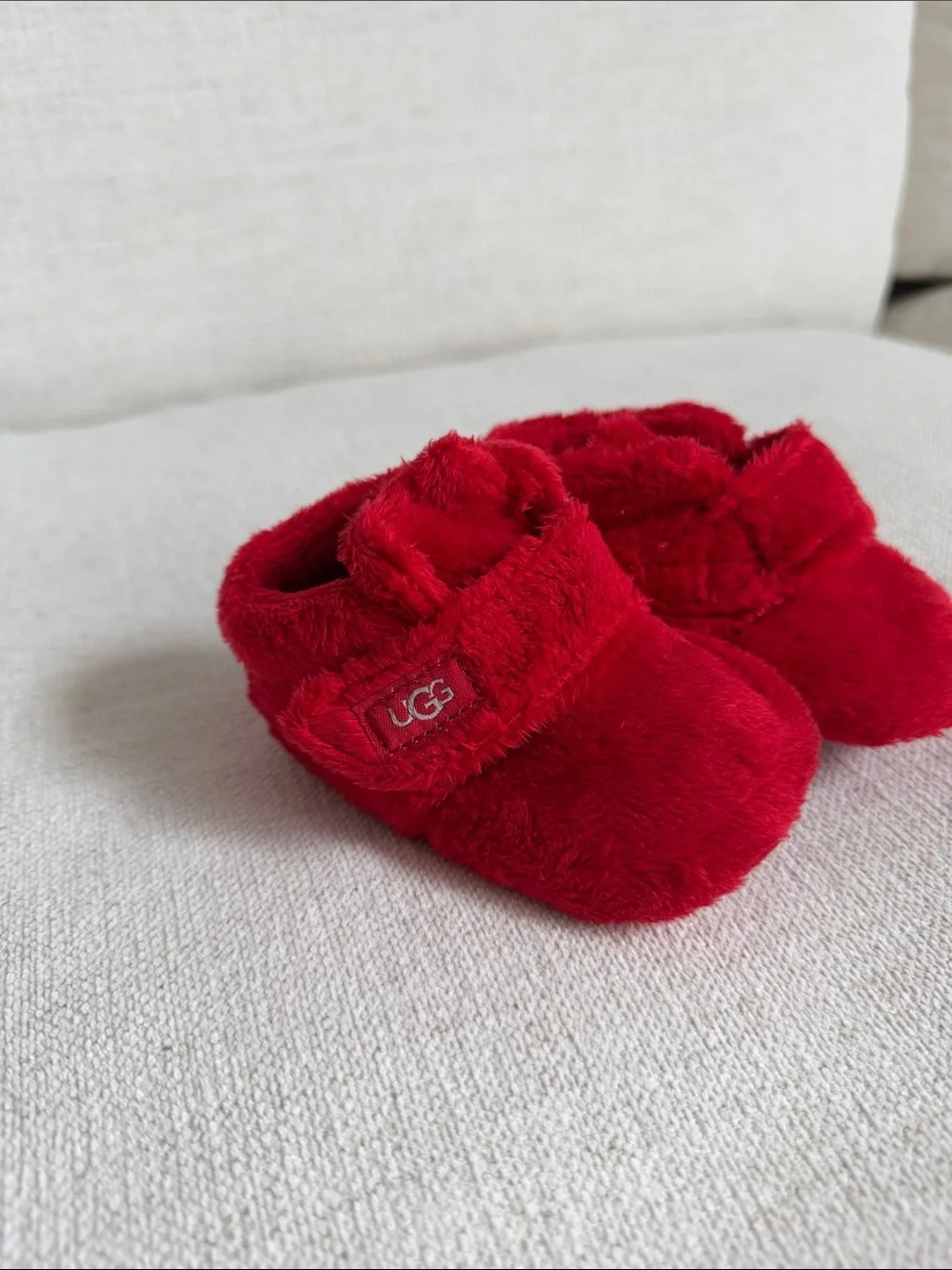 UGG Plush Red Baby Booties with Logo Strap